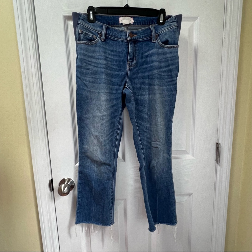 Hatch Women's Maternity Medium Wash Crop Jeans Ankle Fray, Size 26